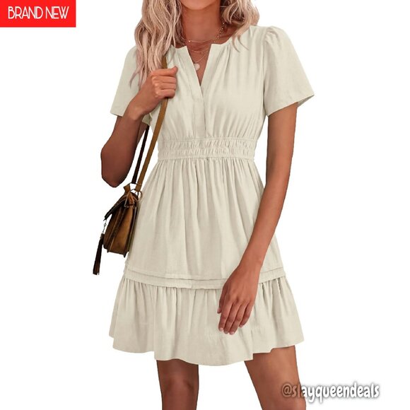 Dresses & Skirts - Women's Casual Sundress Smocked Waist V-Neck Short Sleeve Mini Dress